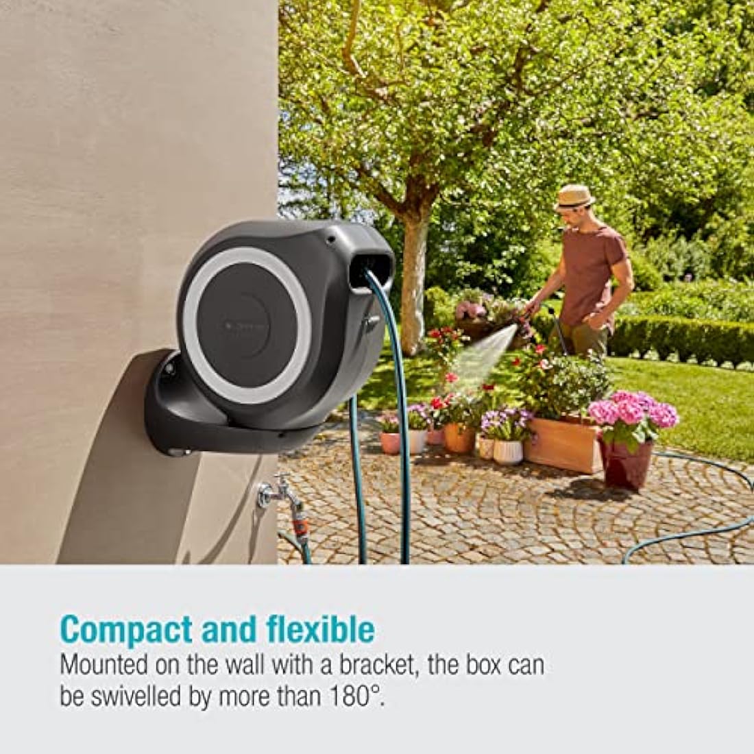 Gardena Wall-Mounted Hose Box Rollup M 20 m: Flexible Watering for Medium-Sized Gardens, Swivel Hose Reel, with Wall Bracket, System Parts and Nozzle, Including 20 m Gardena Hose (18612-20)