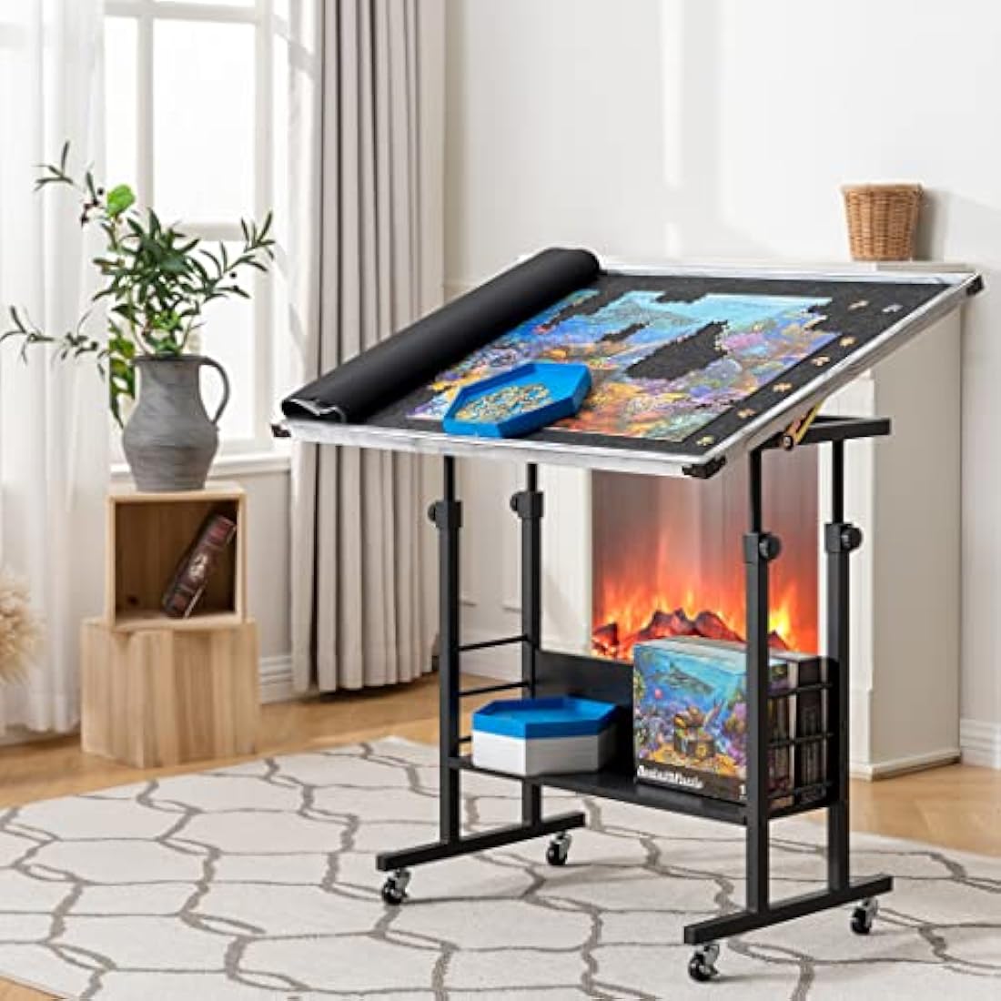 Becko Jigsaw Puzzle Table Tilting Table with Height Adjustment for Up to 1500 Pieces, Enclosed with 4 wheels (Gray)
