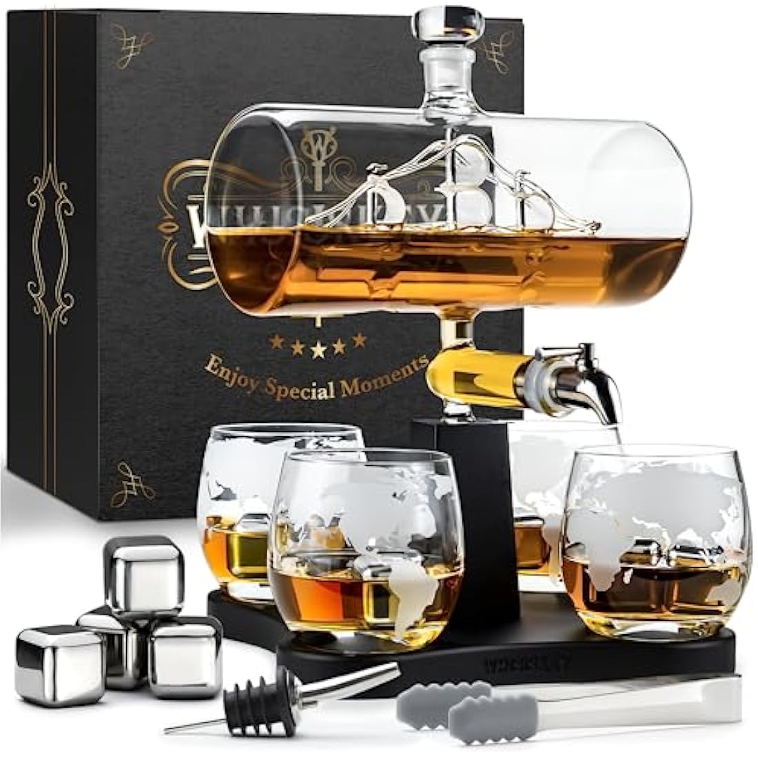 WHISISKEY - Whiskey Decanter Set - 1100ML Ship Carafe - Whiskey Gift Sets for Men - Whisky Set - Glass Gifts for Men - Inc. 4 Whiskey Glasses, 4 Whiskey Stones, Accessories