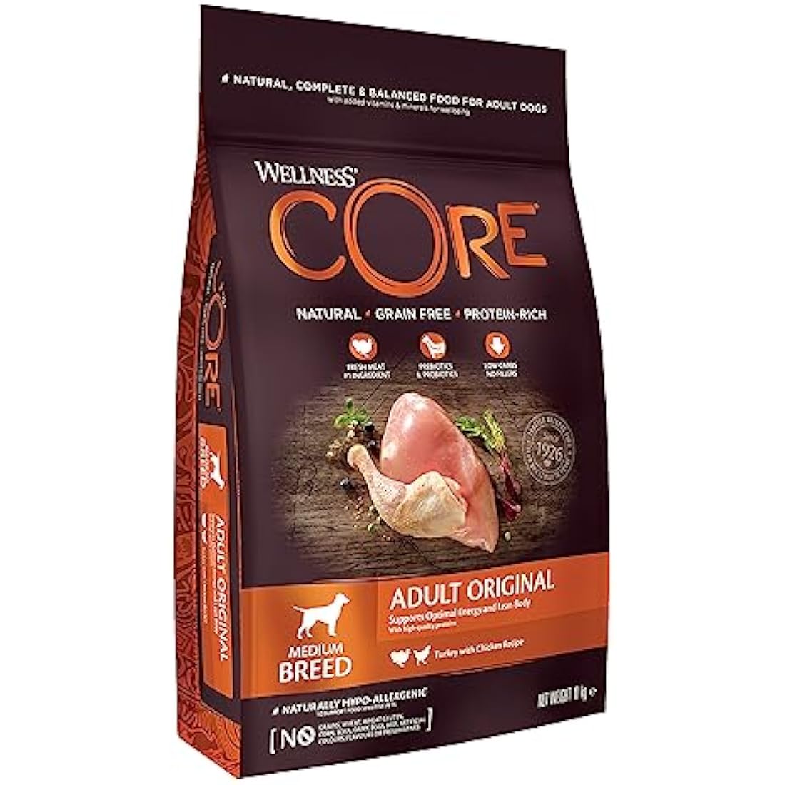 Wellness CORE Adult Original, 10kg, Chicken & Turkey, Dry Dog Food for Medium Breed Dogs, All-Natural, Grain-Free, High Meat Content, Protein-Rich, No Added Sugar