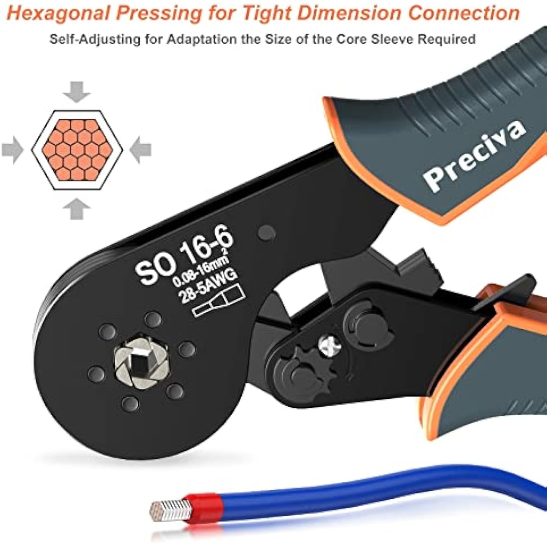 Preciva AWG 28-5 Hexagonal Crimping Pliers - Self-Adjustable Ratchet Crimping Tool for Ferrule Sizes 0.08-16mm²