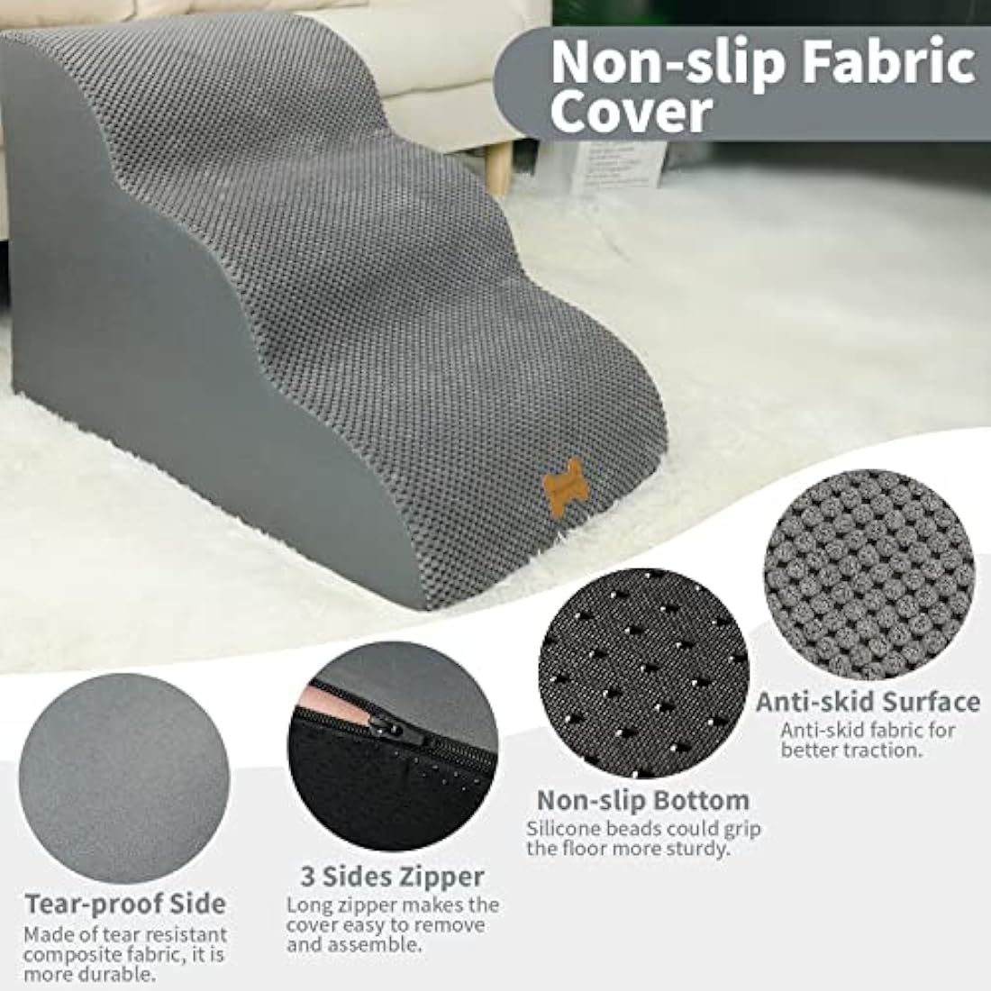 Nepfaivy Dog Steps Stairs for Bed - Non-Slip Pet Stairs for Small Dogs and Cats, 3-Steps Dog Ramp for Sofa with High Density Foam and Removable Cover, 60x40x40cm