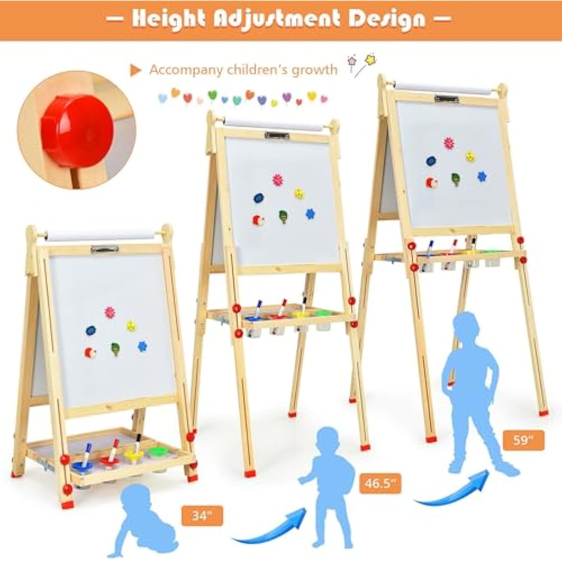 EAQ Kids Easel,Height Adjustable Wooden Art Easel,Whiteboard Chalkboard with Paper Roll Holder, Chalk Board for Kids,Best Birthday Gift for Kids (Wood)