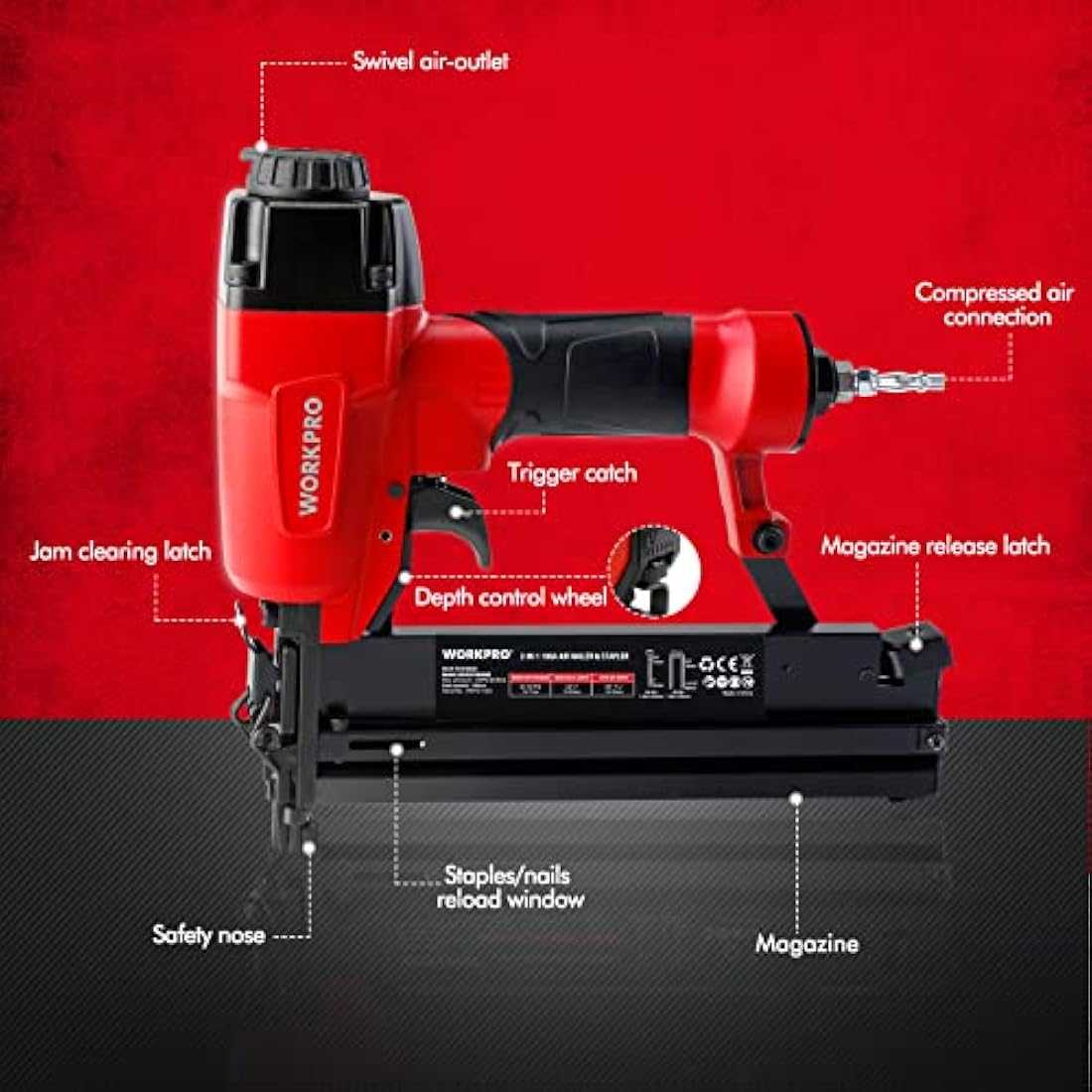 WORKPRO Air Brad Nailer Gun 50mm, 2-in-1 Nail Gun/Upholstery Stapler, Accepts 18G Nails 15-50mm & Type 90 Staples 16-40mm, Lightweight Aluminum Body, Come with 400pcs Nails and 300pcs Staples