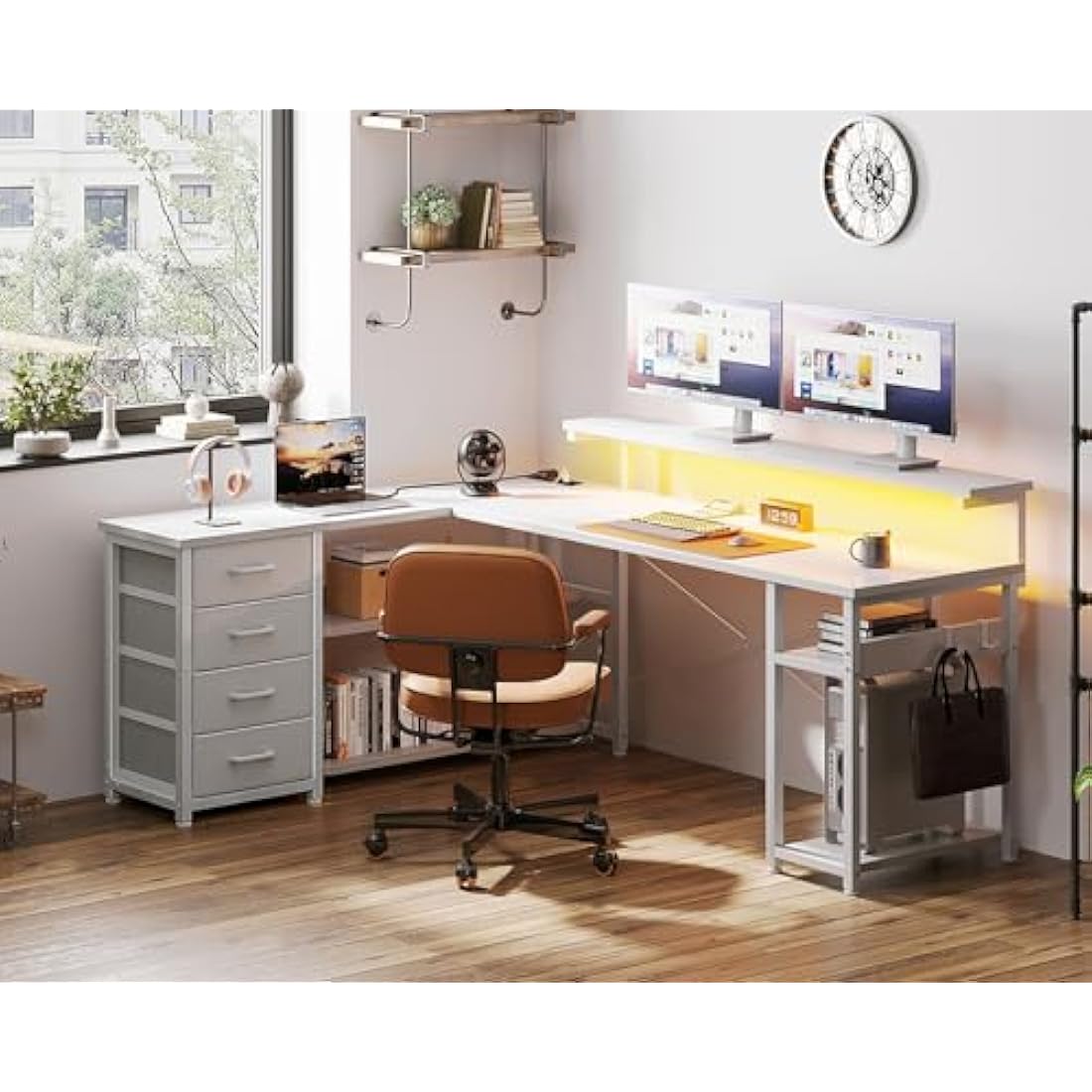 ODK Corner Desk with Drawers, L Shaped Gaming Desk with LED Lights & Power Outlets, Reversible Computer Desks for Home Office Workstation, Office Desks with Monitor Shelf, 155×110 cm, White