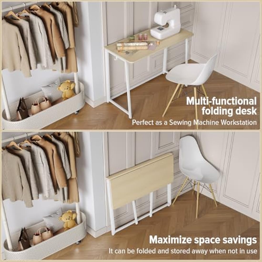 WOHOMO Folding Desk, Small Foldable Desk for Small Spaces, Space Saving Computer Table Writing Workstation for Home Office, Easy Assembly, Oak