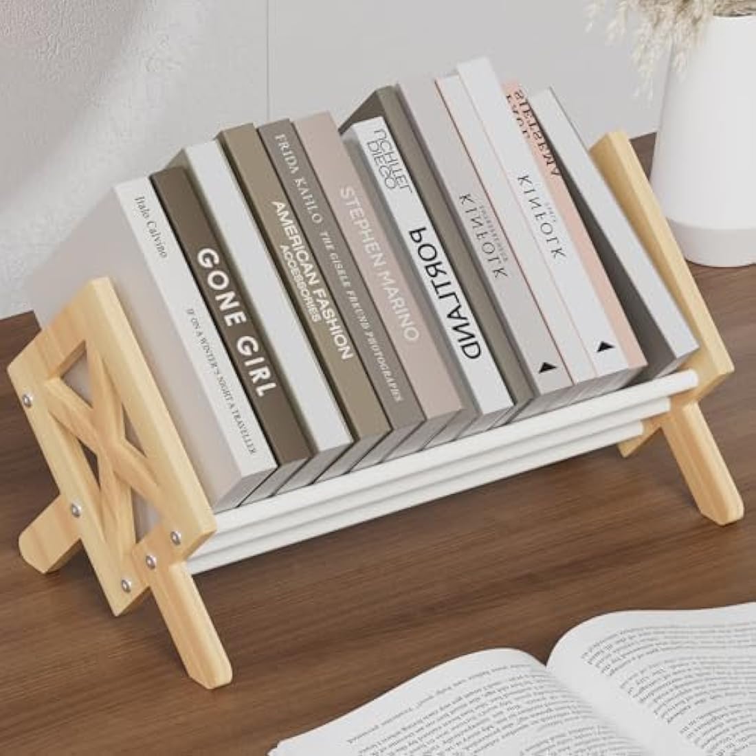 THYGIFTREE Wood Tilting Bookcase in Living Room/Home/Office, Desktop Book Shelf Organiser Bookshelves Storage Rack for CDs/Magazine/Books Display, Desktop Organiser for Books and Magazines