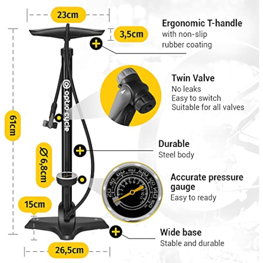 Optio Cycle Bike Pump With Pressure Gauge 160 PSI / 11 Bar Air Pump, Bicycle Pump For All Bikes | Cycle Pump, Bike Floor Pump For Presta and Schrader Valve | Bike Tyre Pump