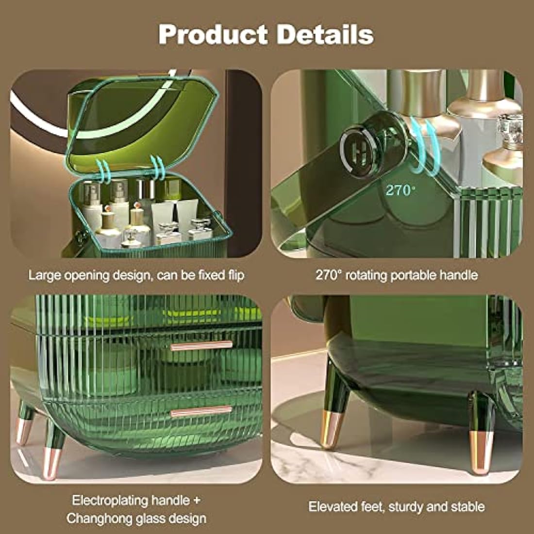 Kousee Makeup Organizer, 3 Layers Large Capacity Cosmetic Storage, Cosmetic Display Case with 2 Storage Drawers, Cosmetic Organizer for Bathroom Counter, Vanity Countertop, Bedroom-Retro Green