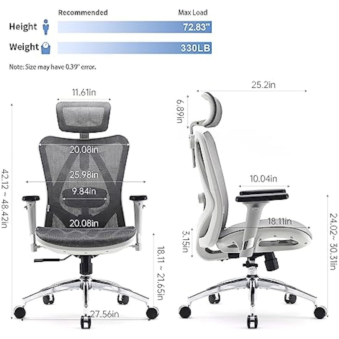 SIHOO Ergonomic Office Chair Mesh Desk Chair with Adjustable Lumbar Support 3D Armrests Breathable High Back Computer Chair (Light Gray)