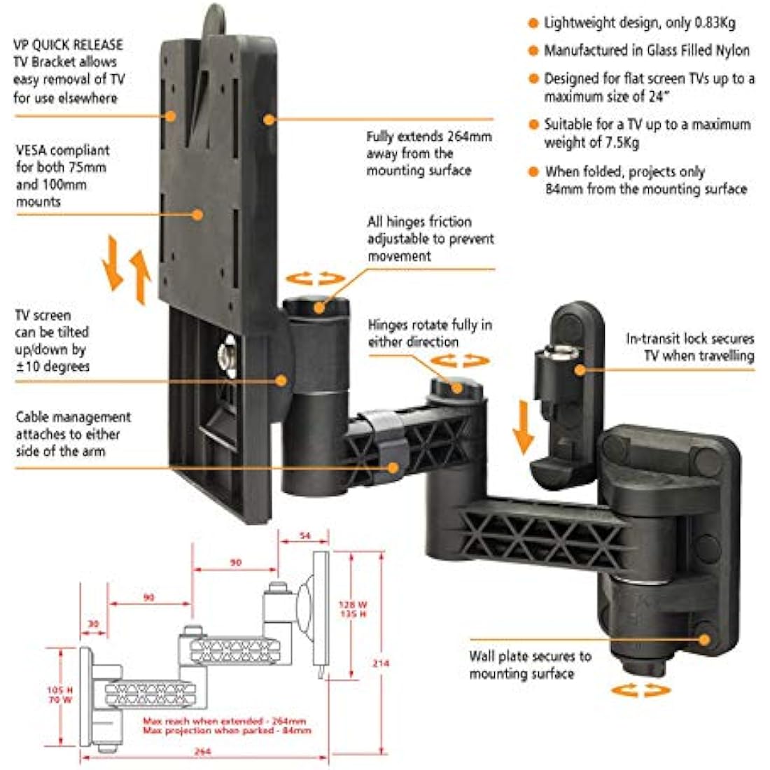 Vision Plus TV Wall Bracket - Double Arm Quick Release