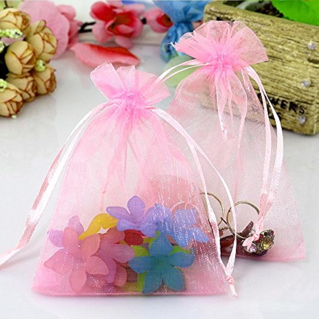 G2PLUS Pink Organza Gift Pouches, 10x15 CM Medium Organza Favour Bags, 100 PCS Wedding Jewelry Bags, Clear Mesh Pouches Perfect for Wedding, Christmas, Birthday, Anniversary
