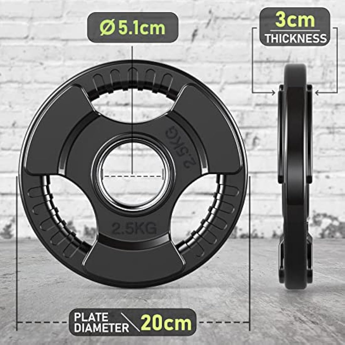 PhysKcal Olympic Weight Plates with Rubber Finish 2’’ Opening and Tri-Grips, Black Barbell Plates Discs for Lifting and Strength Training, Solid Cast Iron Core Weights Set for Barbell, 1.25kg - 20kg