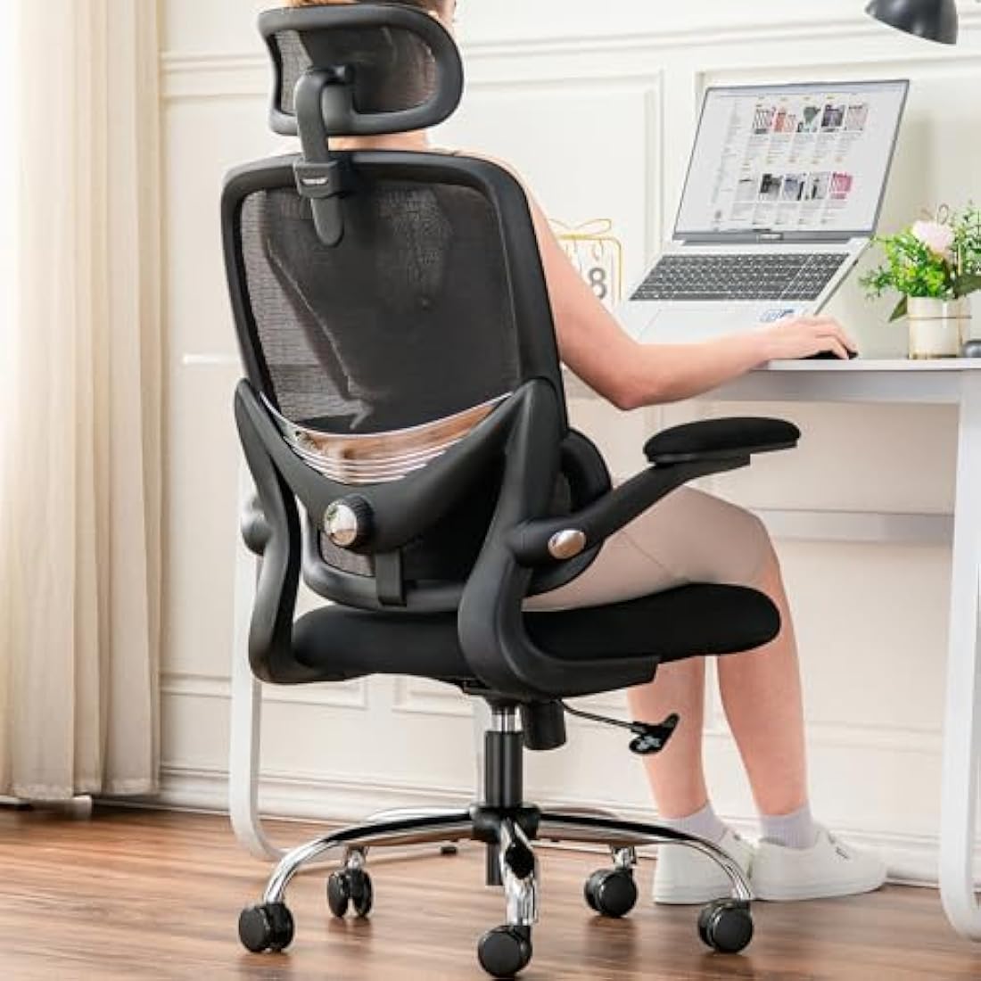 TONFARY Ergonomic Office Chair - High Back Mesh Design with Adjustable Lumbar Support, Flip-Up Armrests, Removable Headrest & 360° Swivel - Space-Saving for Home, Work, or Gaming - Black