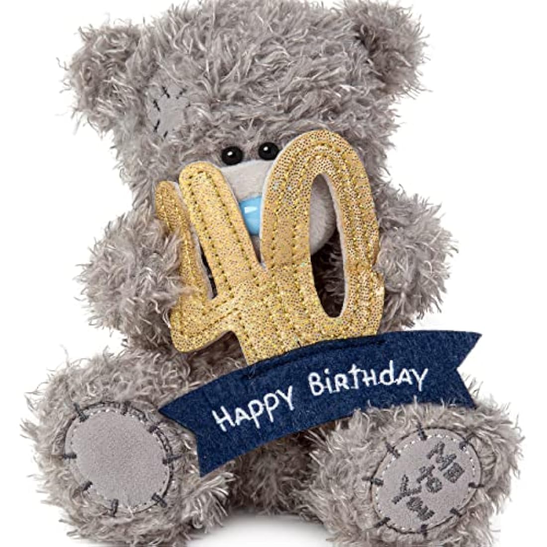 Me to You Tatty Teddy 40th Birthday Bear Holding a 40 Banner - Official Collection, Blue,gold,grey,navy