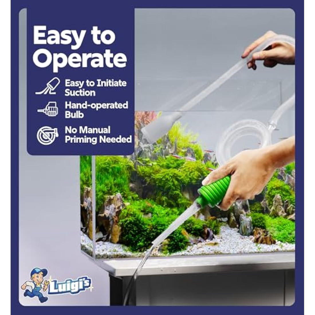 Luigi's Syphon Fish Tank Cleaner for Aquarium - Filtered Hand Vacuum Syphon Pump - 3-in-1 Water Changer and Gravel Washer for Fish Tank - Fish Tank Cleaning Kit