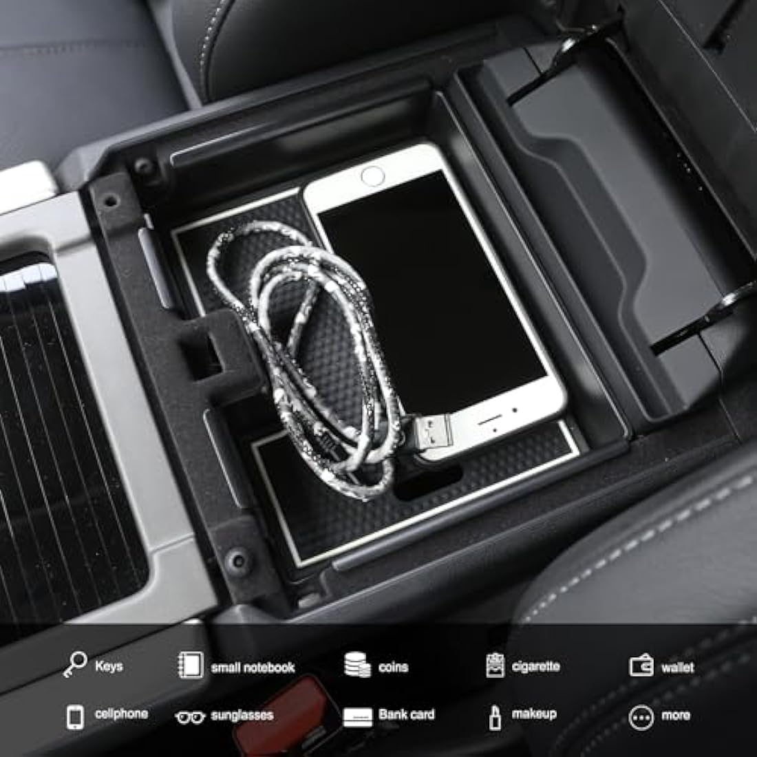 Black Armrest Storage Box Plastic Car Phone Organizer Holder Tray With Non-Slip Mat Compatible With Range Rover Evoque 2012-2018 Car Accessory
