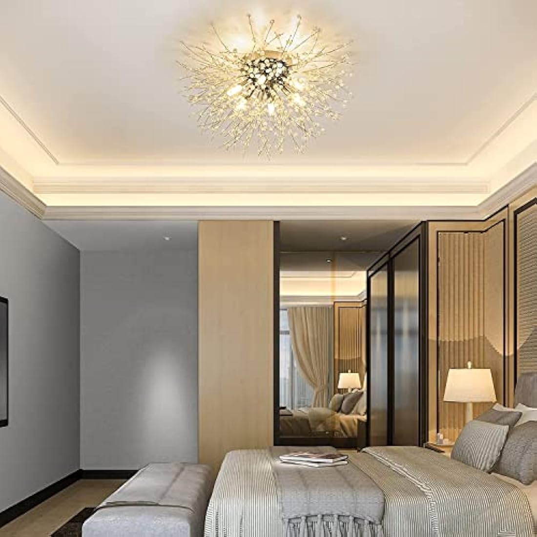 Rayofly Modern Crystal Ceiling Lights for Living Room, Chrome Fireworks K9 Crystals Chandeliers Fittings, 6 G9 LED, Chandelier Ceiling Pendant Lights for Bedroom, Dining Room, Hallway