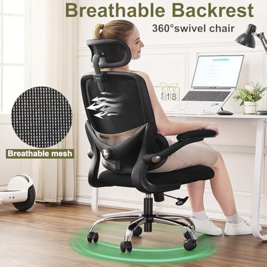 TONFARY Ergonomic Office Chair - High Back Mesh Design with Adjustable Lumbar Support, Flip-Up Armrests, Removable Headrest & 360° Swivel - Space-Saving for Home, Work, or Gaming - Black