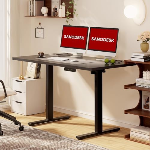 SANODESK 120 x 60cm Electric Standing Desk ONE PIECE Height Adjustable Desk with Cable Management Tray Sit Stand Desk for Office, Black