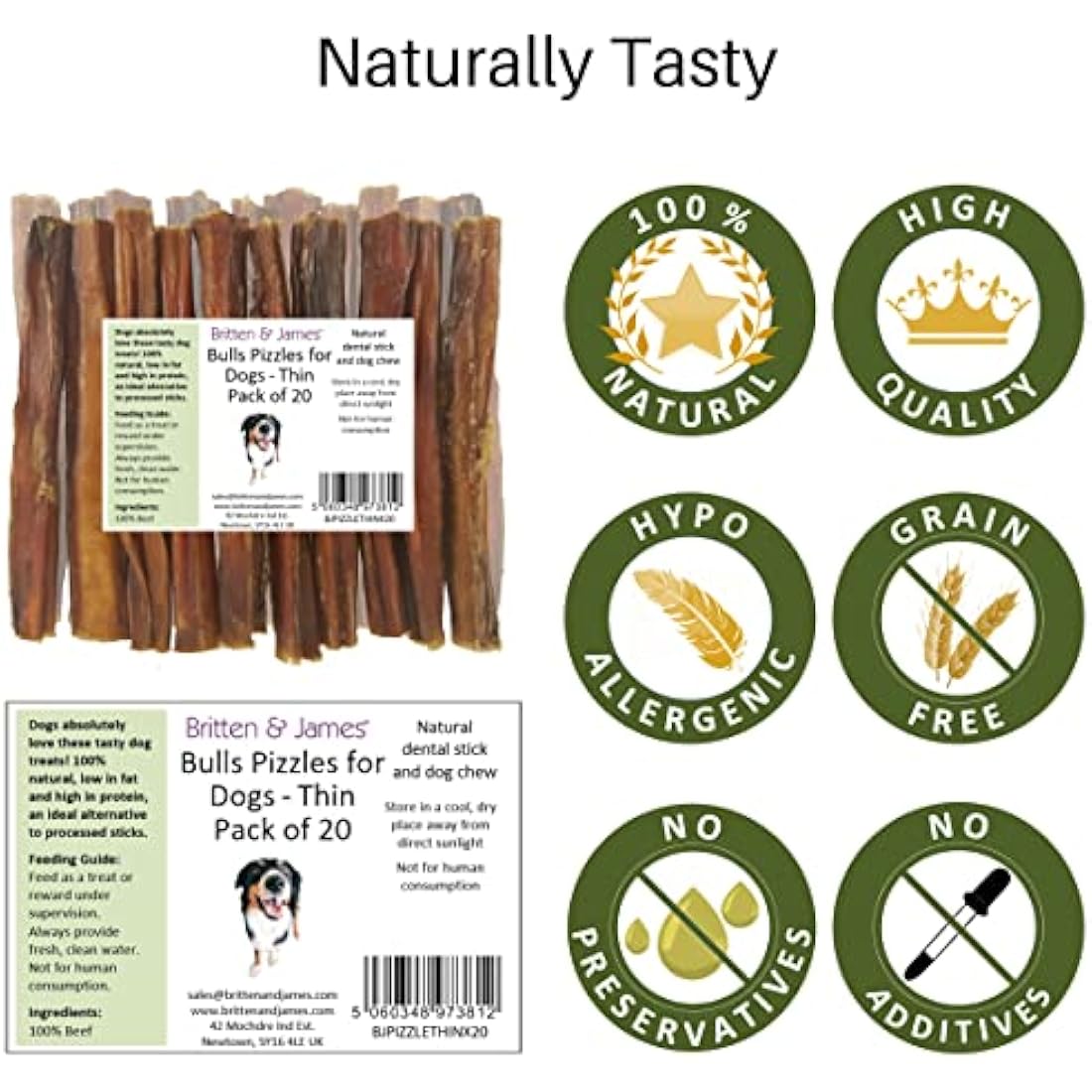 Britten & James 20 Thin Bulls Pizzles for Dogs (12cm length) - Bully Stick, Natural Dental Stick and Dog Chew. Hypoallergenic, Grain Free and Long Lasting Dog Treat