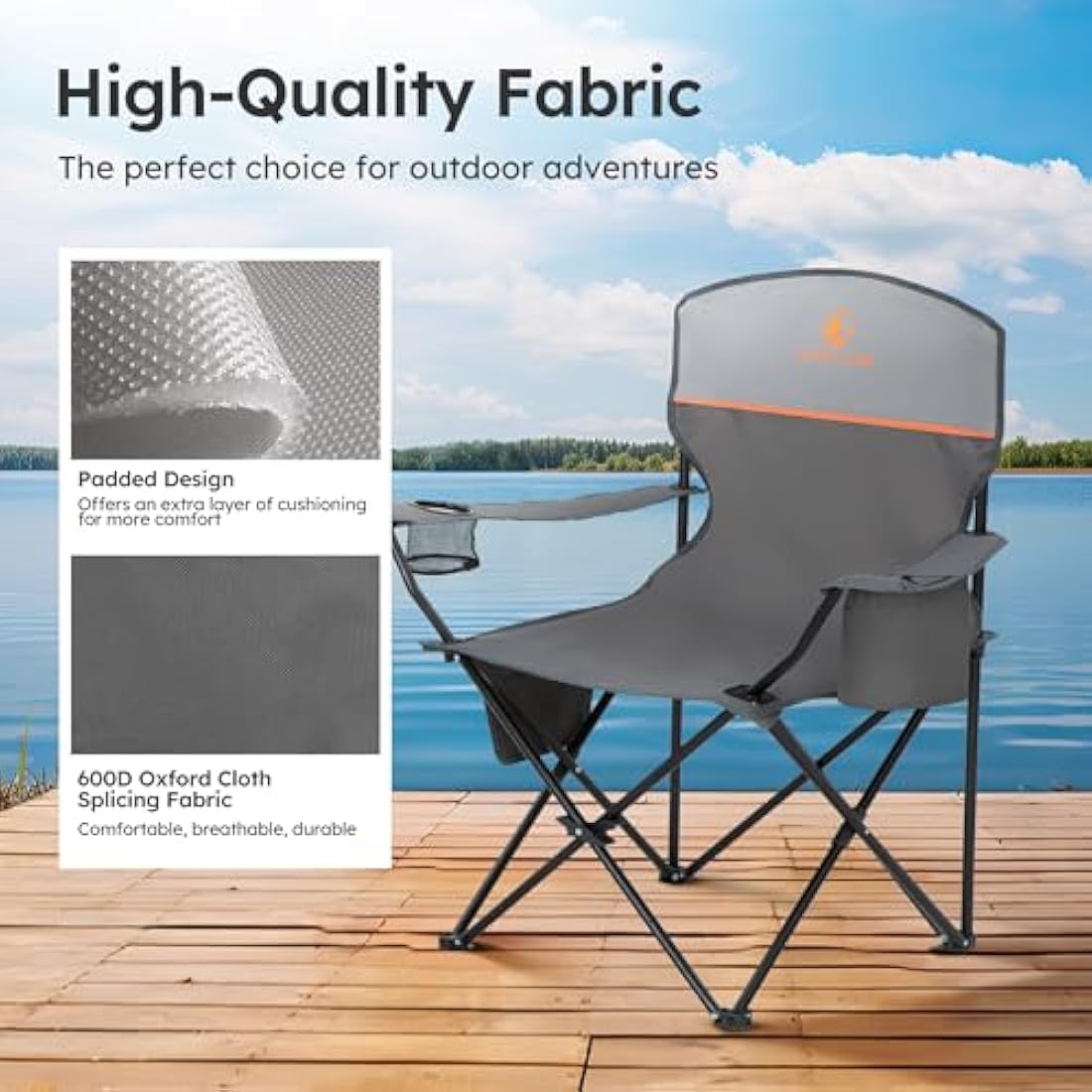 LET'S CAMP Camping Chairs 2 Pack, Set of 2 Folding Chair, Lightweight Picnic Chair with 3-Can Cooler Bag, Cup Holder,Storage Pocket, Supports 100kg (Grey)