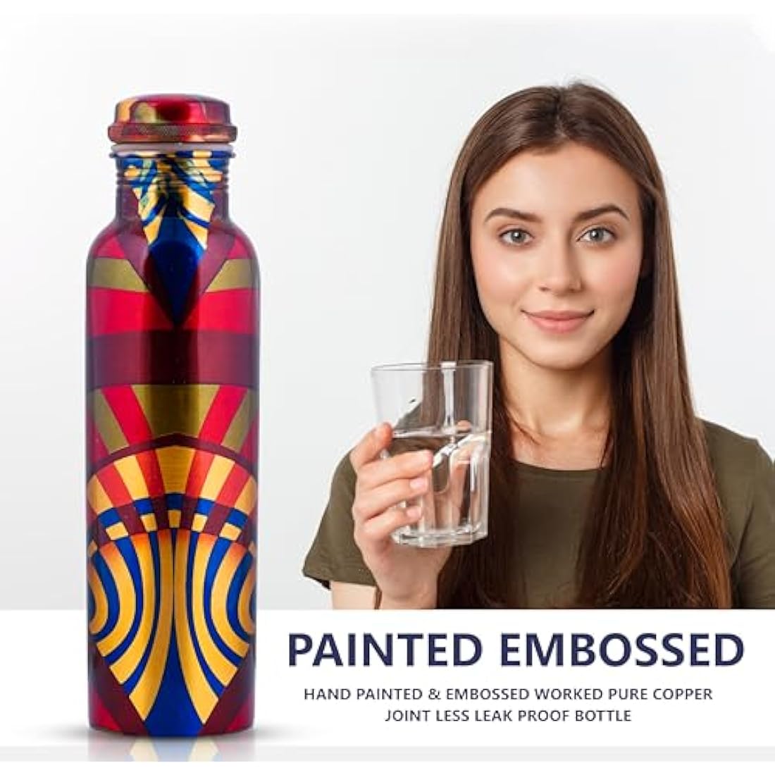 Craft Trade Printed Pure Copper Bottle with Lid and Carry Bag for Drinking Water BPA Free Leak Proof Boosts Immunity, Supports Digestive & Ayurveda Inspired 34oz - 1 Litre