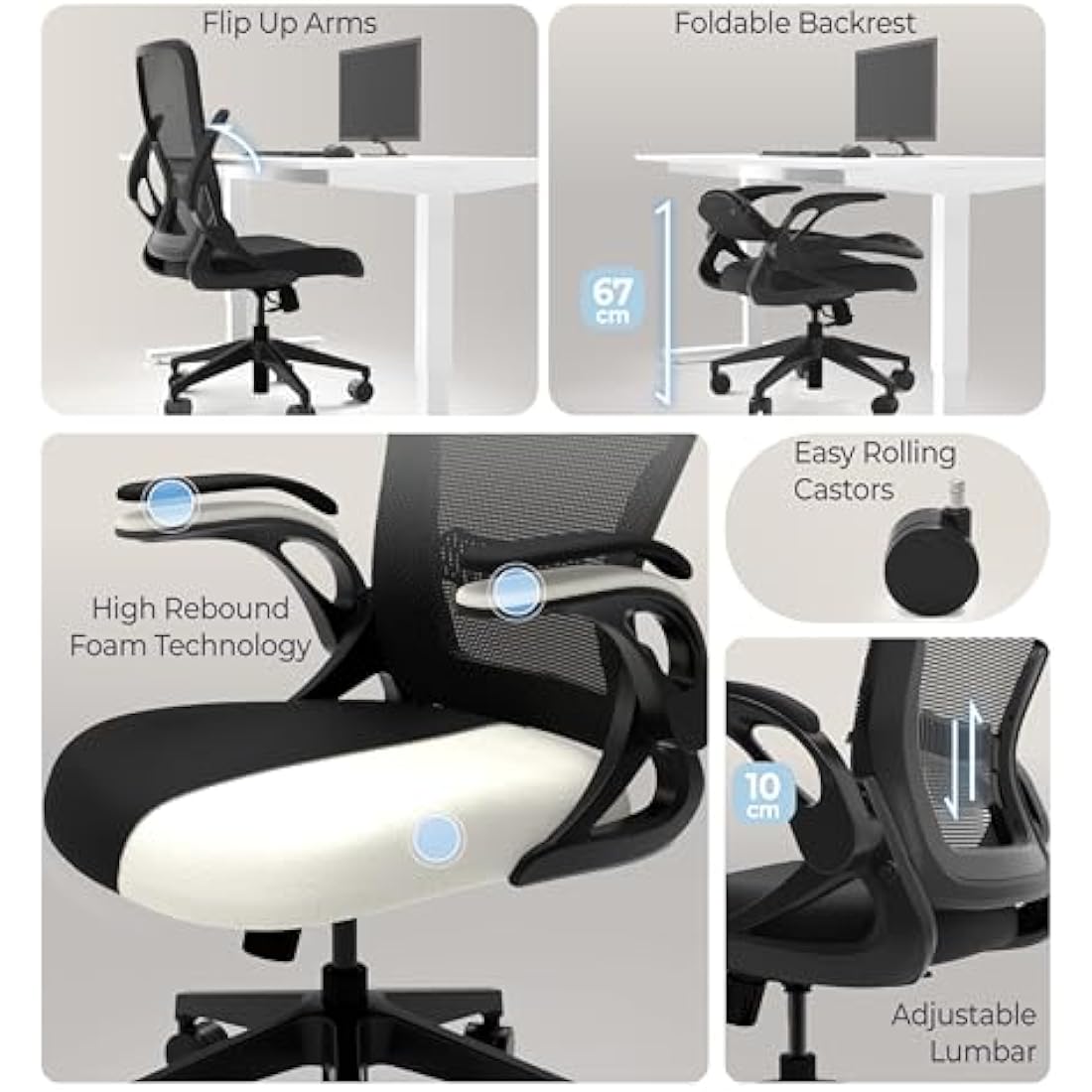 Tervo Model U | Folding Office Chair for Small Spaces | Ergonomic Design with High Rebound Mesh | Computer Desk Chair for Gaming | For Adults & Kids | Foldable & Compact with Flip Up Arms