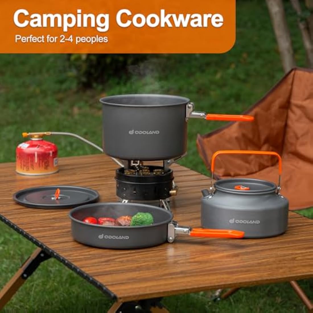 Odoland Camping Outdoor Cookware Mess Kit, Portable Camping Cooking Pot Frypan with Kettle Mesh Bag for Camping, Backpacking, Outdoor Cooking and Picnic