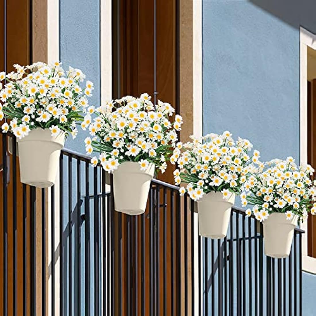 4PCS Artificial Daisy Flowers Outdoor Spring Summer Decoration UV Resistant Fake Flowers Faux Plastic Greenery Shrub Plant Indoor Outside Hanging Garden Home Porch Wedding Party Decor (White)