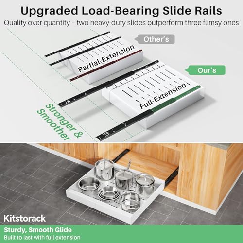 Kitstorack Pull Out Cabinet Organizer, Extendable Slide Out Drawer Storage Shelves for Kitchen Cupboard with Adhesive Film, Roll-Out Sliding Drawer