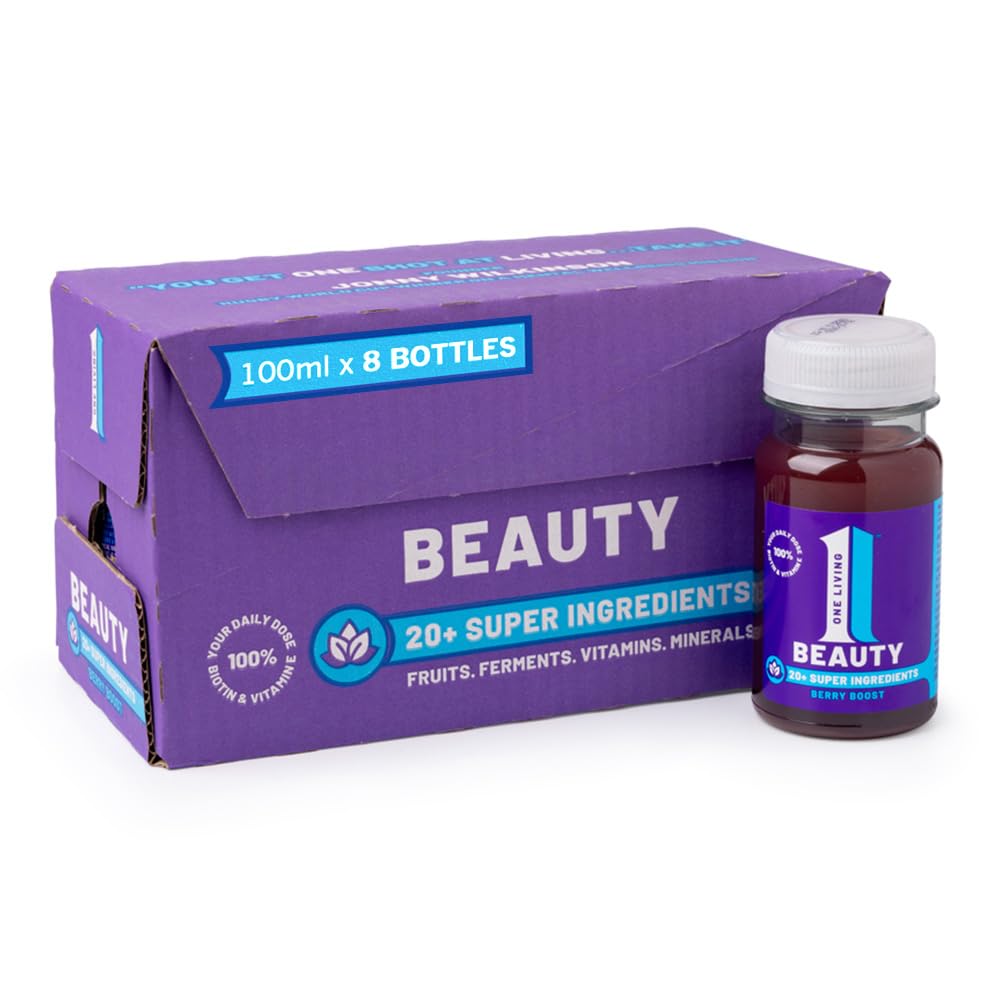 One Living - Beauty Health Shot Drink, Water Kefir, Berry Boost with Hyaluronic Acid & Biotin - All Natural Ingredients, 8 x 100ml, Vegan