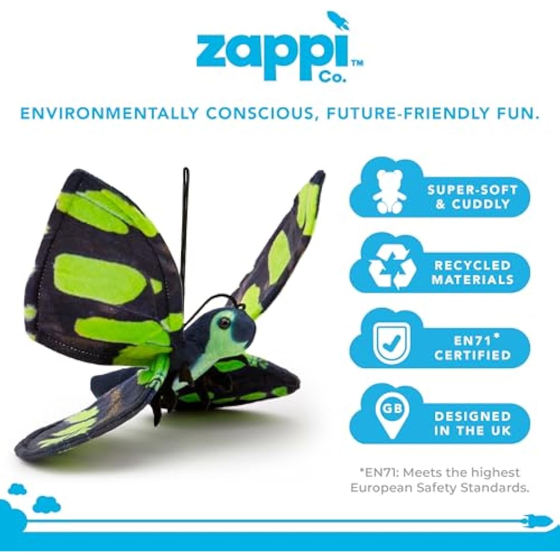 Zappi Co 100% Recycled Plush Malachite Butterfly Toy (28.5cm Width) Stuffed Soft Cuddly Eco Friendly animals Collection For New Born Child First kid