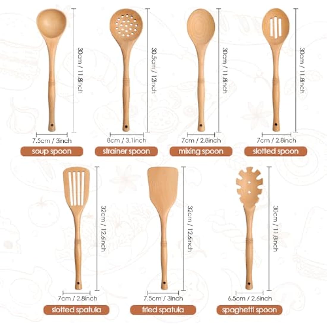 comfoyar Wooden Spoons for Cooking, 7 Pieces Kitchen Cooking Utensils Set with Spatula and Ladle, Heat Resistant Kitchen Cookware for Nonstick Pan-Beech