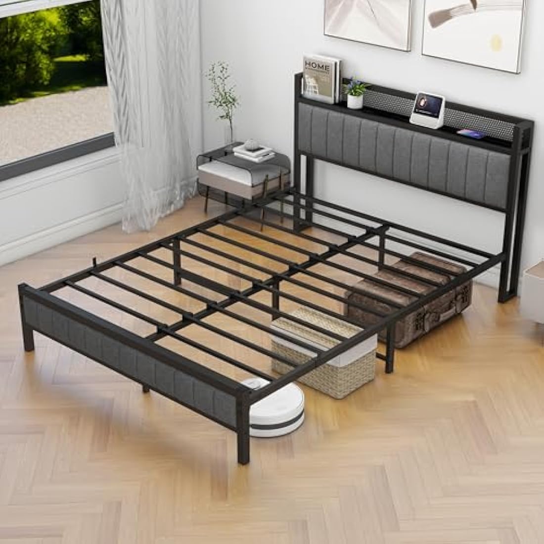 MOFLUT King Size Bed Frame with Wooden Storage Headboard Shelf, Upholstered Bed Frames King Size with Metal Slats Enhanced Support, No Box Spring Needed, Gray King Bed