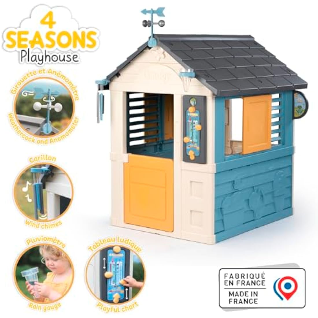 Smoby - 4 Seasons Playhouse for Children includes playful weather activities, Educational outdoor garden house for Kids