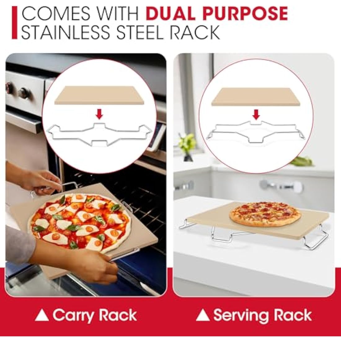 Unicook 30.5 x 30.5 cm Pizza Stone for Oven and Grill, Oven Baking Stone for Bread, Cordierite Pizza Pan for Baking Crispy Bread, Pie and Cookies, Includes Carry Rack and Dough Scraper