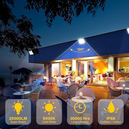RIGIDON 1 Pcs Outdoor Flood LED Work Light, 200W 20000 Lumens Floodlight, Daylight Cold White Security Lights for Garden Yard Lawn Basketball Football Court Patio Landscape, IP66 Waterproof 6000K
