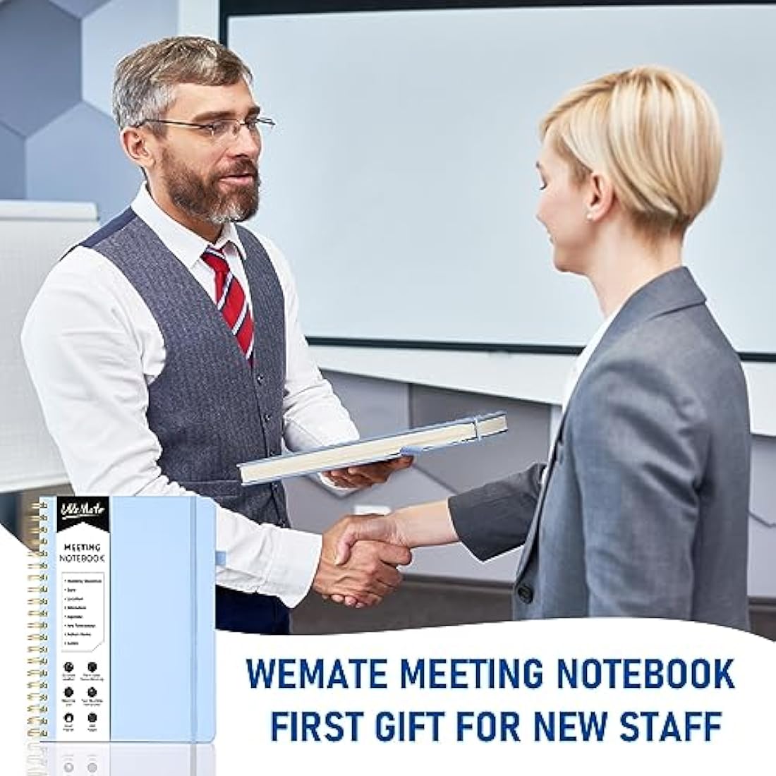 WEMATE Meeting Notebook B5 (7"x10") - PU Leather Planner Notebook with Agenda, Action Items & Notes - 200 Pages for Men&Women, Staff and Students, Meeting, Projects Planning - Light Blue