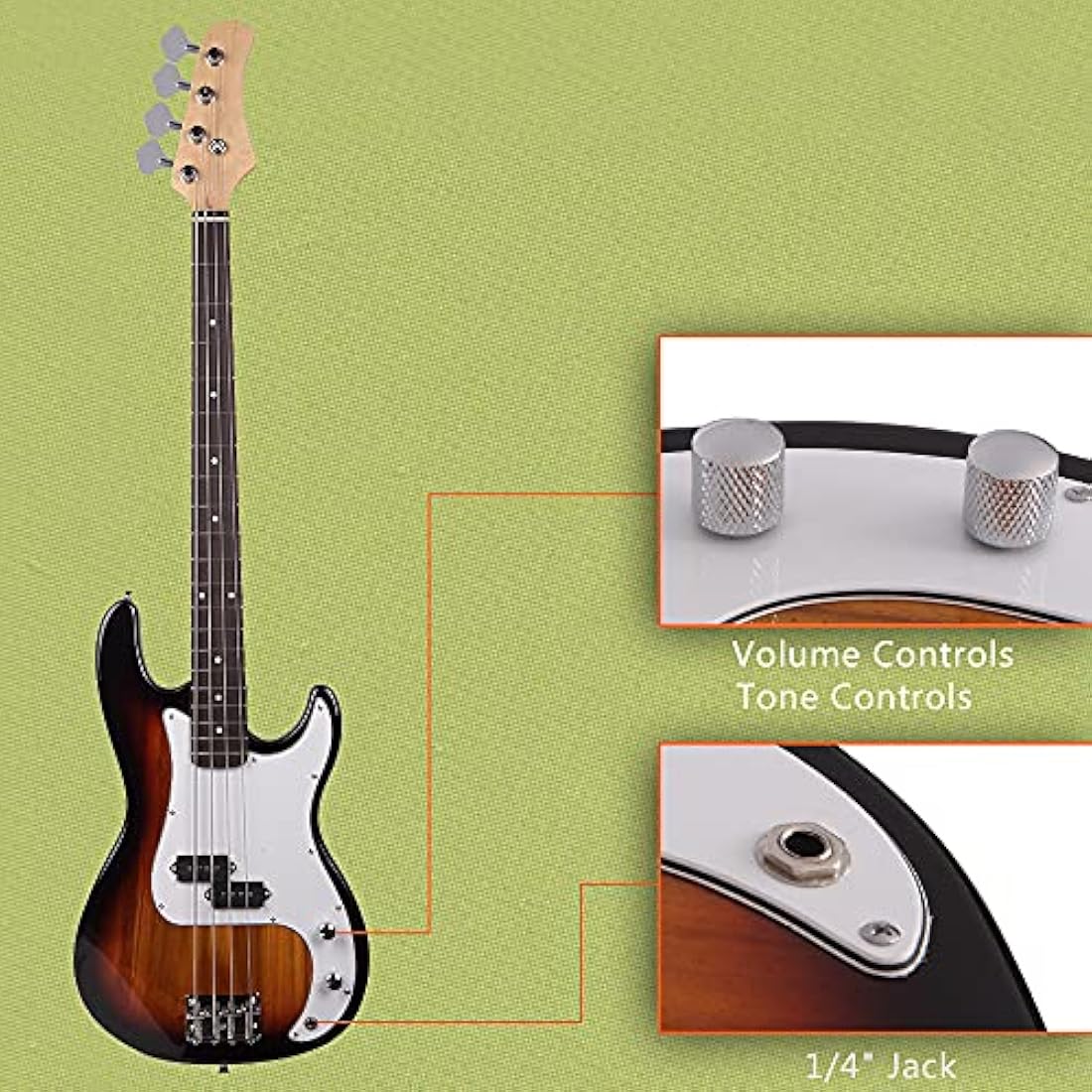 Bonnlo Electric Bass Guitar 4 Strings Full Size for Beginner Exquisite Basswood Burning Bass with Bag, Strap and Accessories (Sunset)