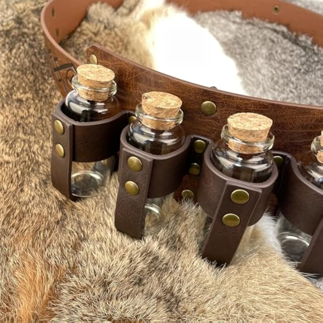 EpicCos 4 PCs Medieval Alchemy Belt Waist Pack Combo with Multiple Potion Bottles, Viking Rivet Belt Side Pouch for Cosplay (Brown B)