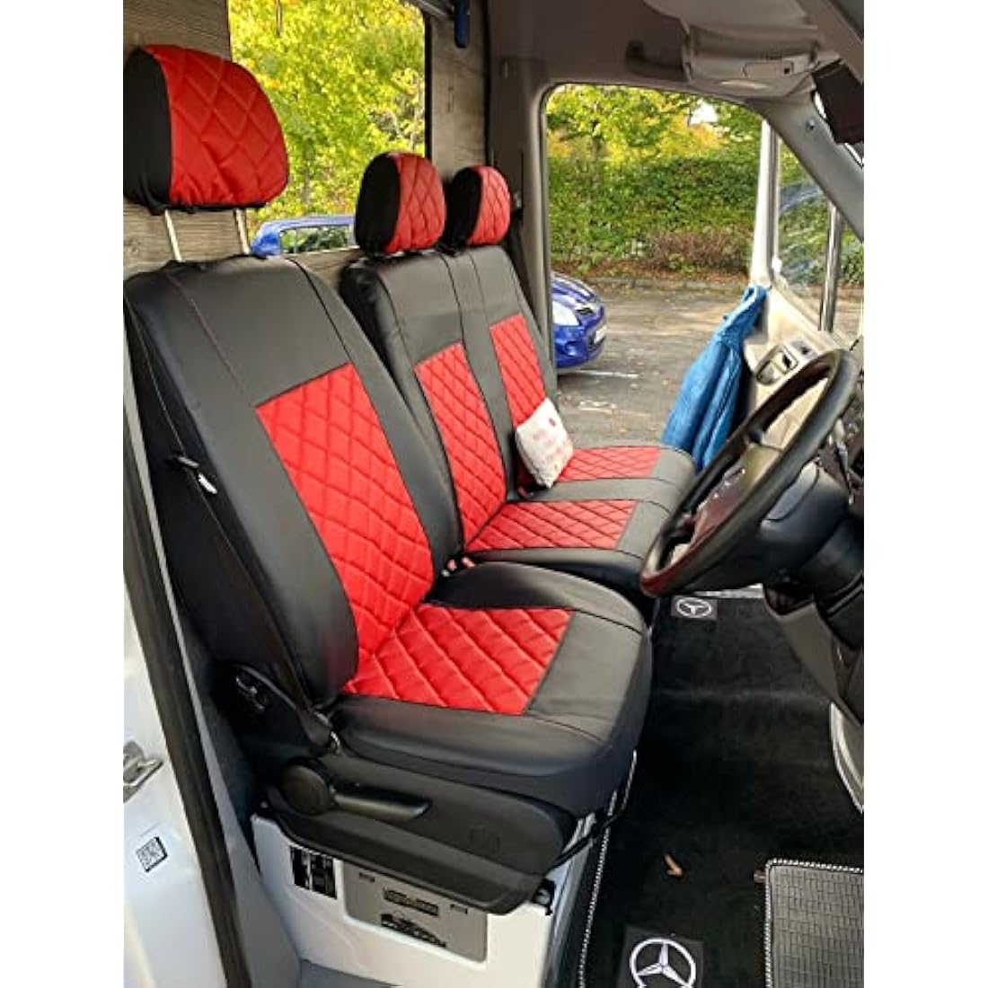 Texmar Designed to fit MERCEDES SPRINTER 2006-2018, VW CRAFTER 2006-2018 RIGHT HAND DRIVE ECO BLACK-RED LEATHER Seat Covers 2+1 (1 single 1 double)