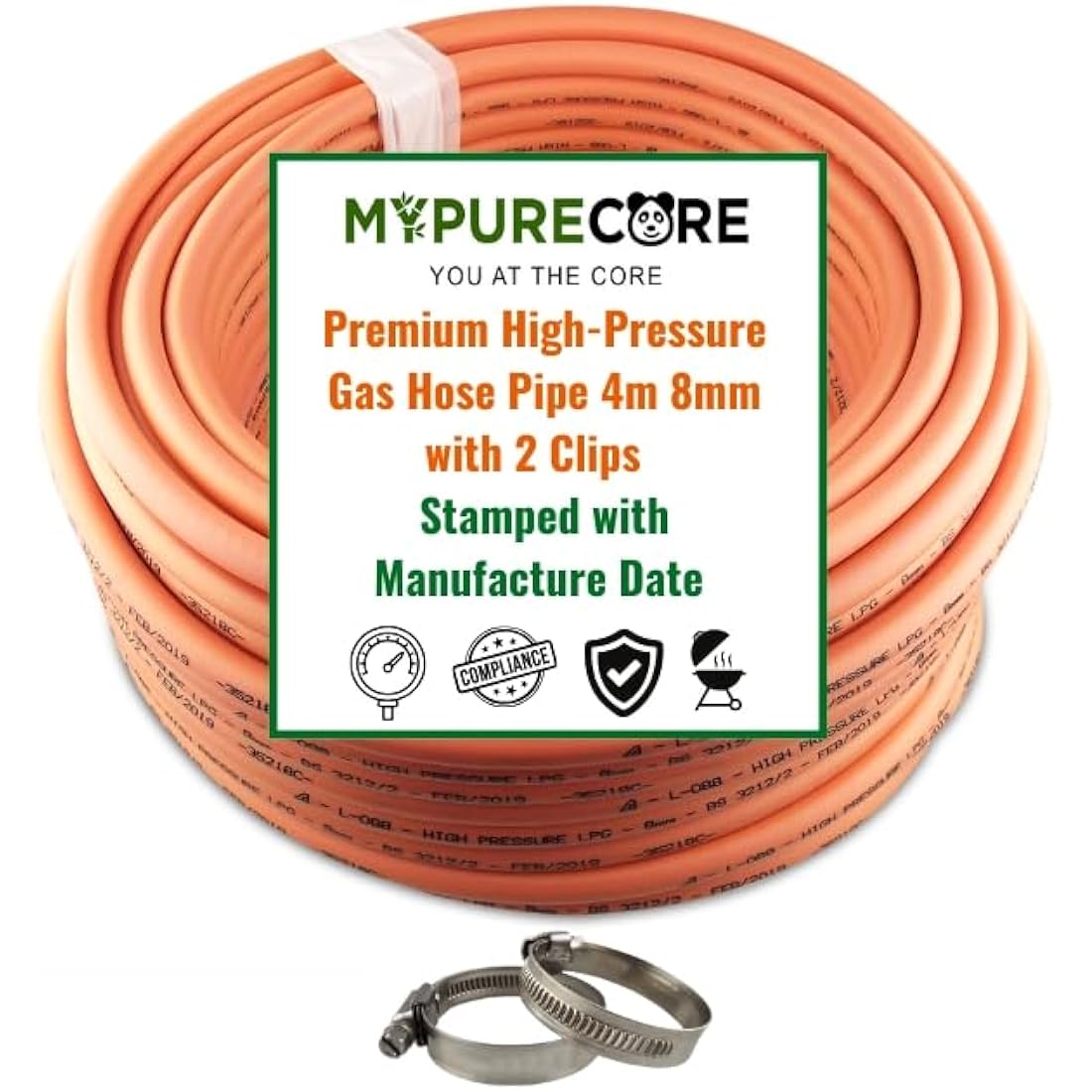 MYPURECORE 4m 8mm Premium High-Pressure Gas Hose Pipe with 2 Clips – Durable LPG Propane/Butane Pipe, Stamped with Manufacture Date, for BBQ, Caravan, Camping, Cookers, Heaters, Grill and Gas Bottles