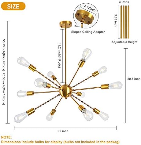 LynPon Sputnik Chandelier Gold Modern Brass Pendant Ceiling Light 12 Lights Industrial Lighting Fitting for Kitchen Dining Living Room Bedroom