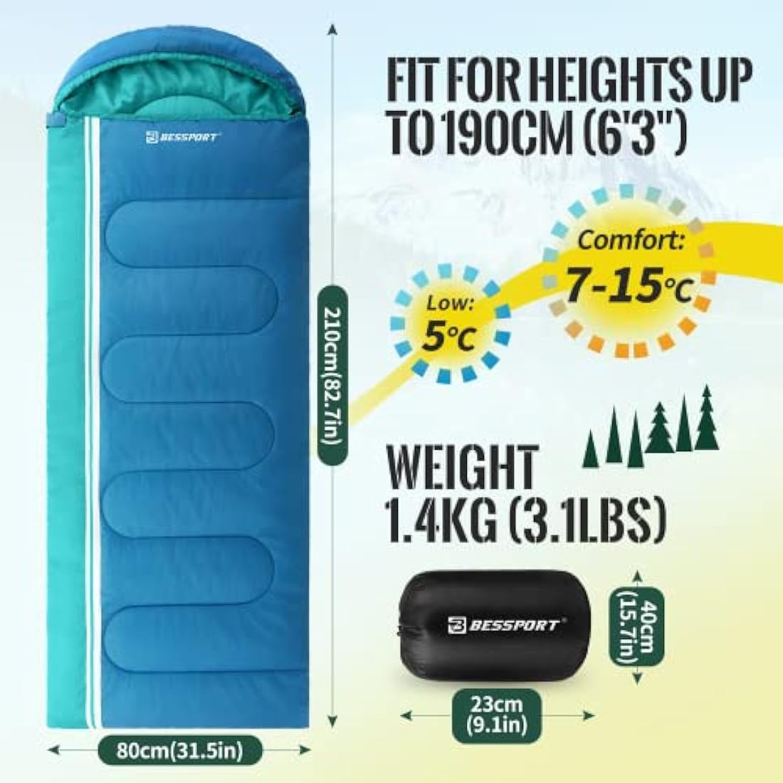 Bessport Sleeping Bag for Camping 3-4 Seasons Waterproof Lightweight Sleeping Bag in 5°C to 15°C for Adults, Camping and Outdoor Use