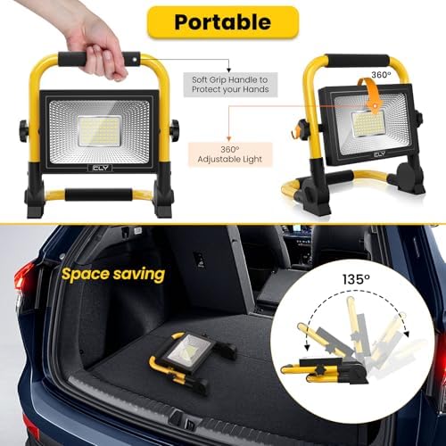 CLV 60W LED Work Light 5200LM, Job Site Light, Plug in Folding FloodLight, Portable Stand Work Lights Mains Powered LoftLight for Car Repairing Home Workshop Garage, 6500K Cold White 5M Wire with Plug