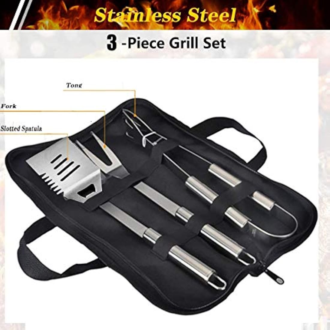 QH7 3Pack BBQ Barbecue Tool Set, Stainless Steel Outdoor Barbecue Grill Utensils Set with Storage Bags for Picnics