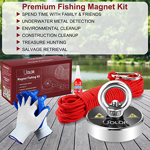 Uolor Magnet Fishing Kit – N35 Neodymium Eyebolt Fishing Magnet 160KG (353LB) Pull Force with 20M Rope, Gloves & Threadlocker for River Treasure Hunting & Salvage