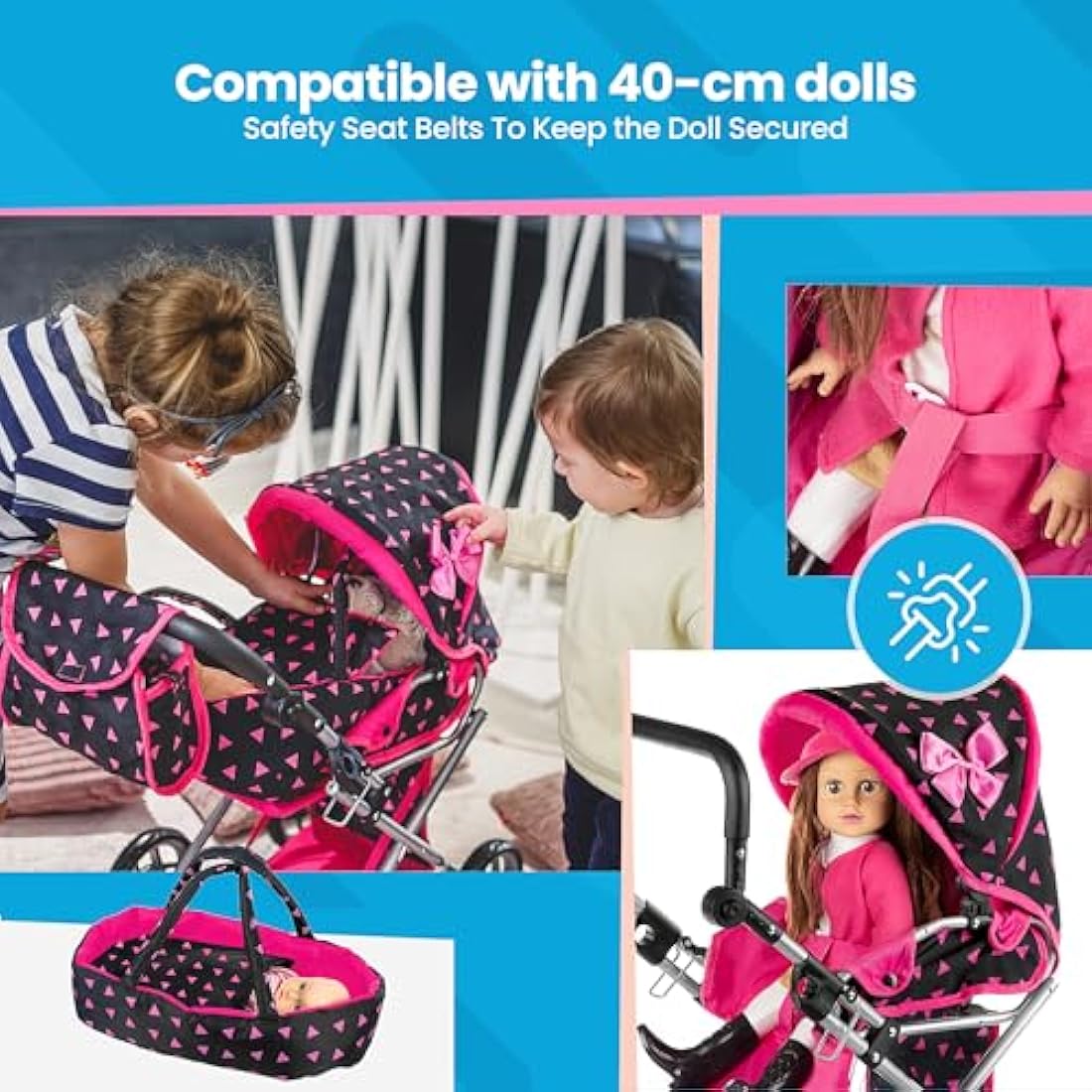 Kinderplay Dolls Pram | 3-in-1 Toy Pram | Baby Doll Pram - Toy Pushchair | Dolls Buggy | Dolls Pushchair | Doll Stroller with Adjustable Handle (36.5-64 cm), model KP0200R