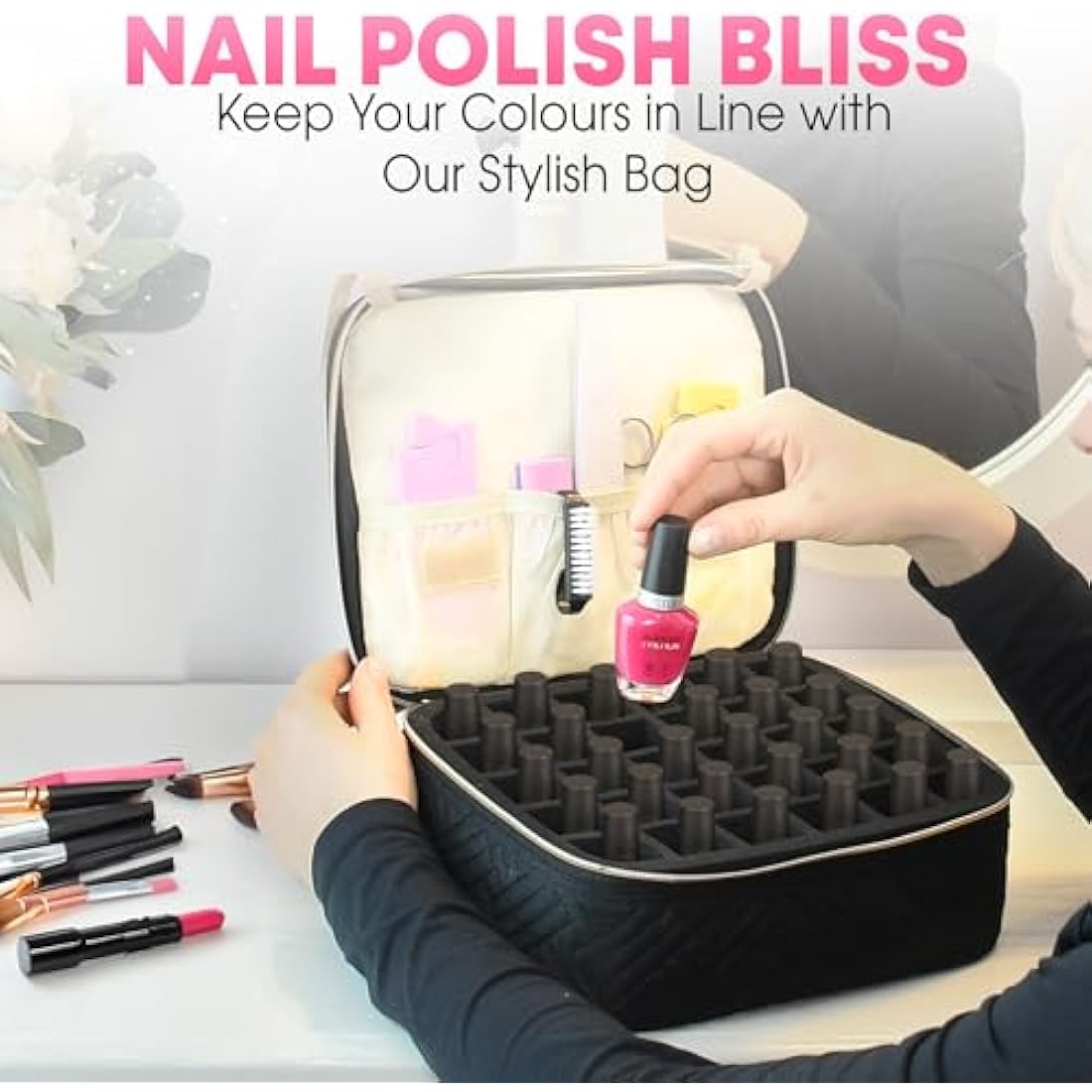 OBSESSIONS BY NYDA Nail Polish Organiser Bag, Perfect Storage for 30 Bottles, Travel Storage Carry Case for Nail Polish and Accessories Fitted with Removable Foam Holder – Black